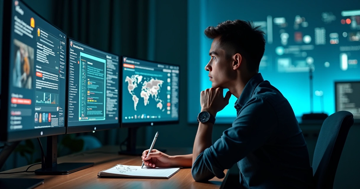 Persona frente a varias pantallas digitales evaluando dilemas éticos 
