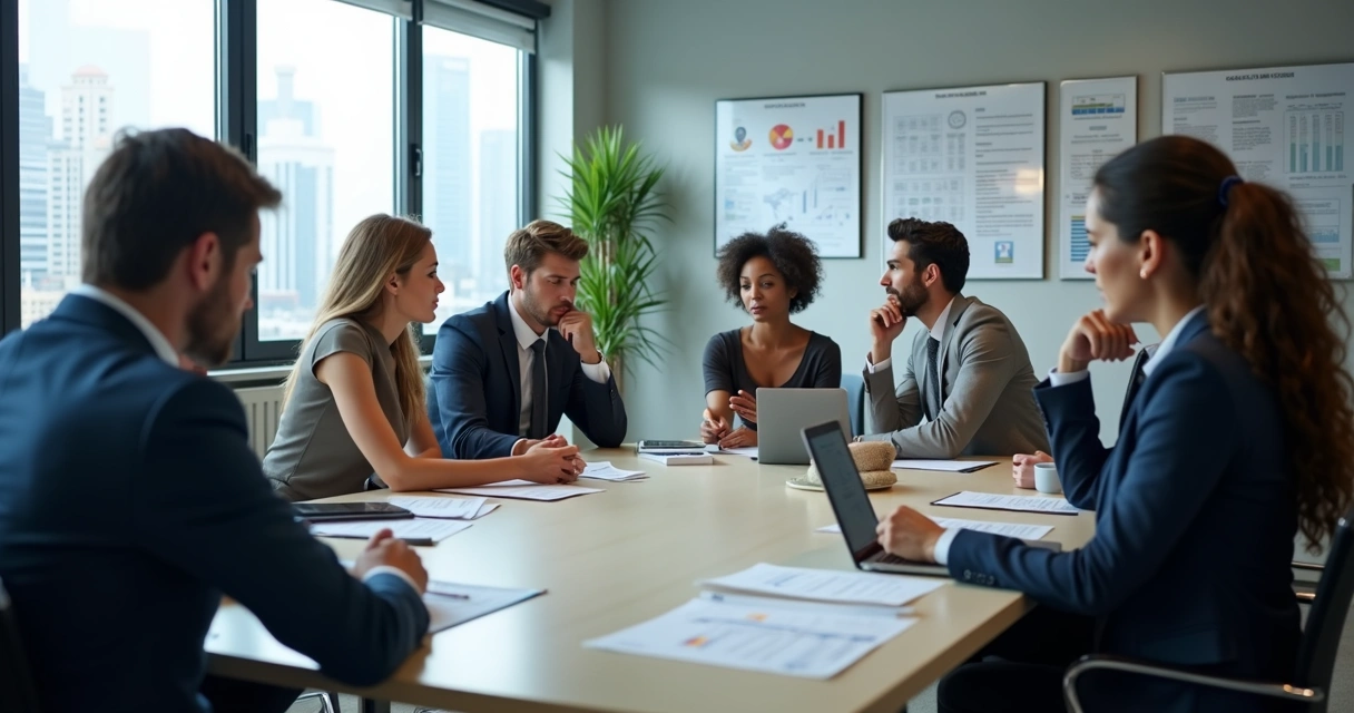 Grupo em reunião debatendo, feições sérias, mesa de trabalho 