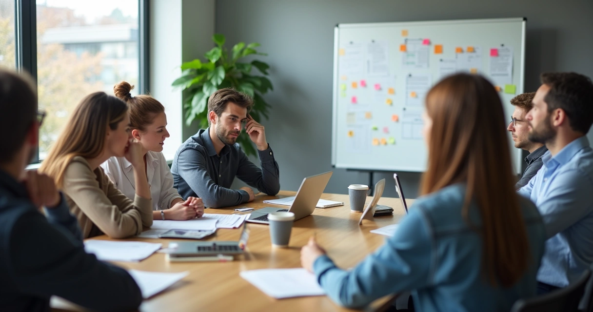 Grupo de colegas de trabalho reunidos em torno de uma mesa de reunião, alguns demonstrando tensão e outros distanciamento 