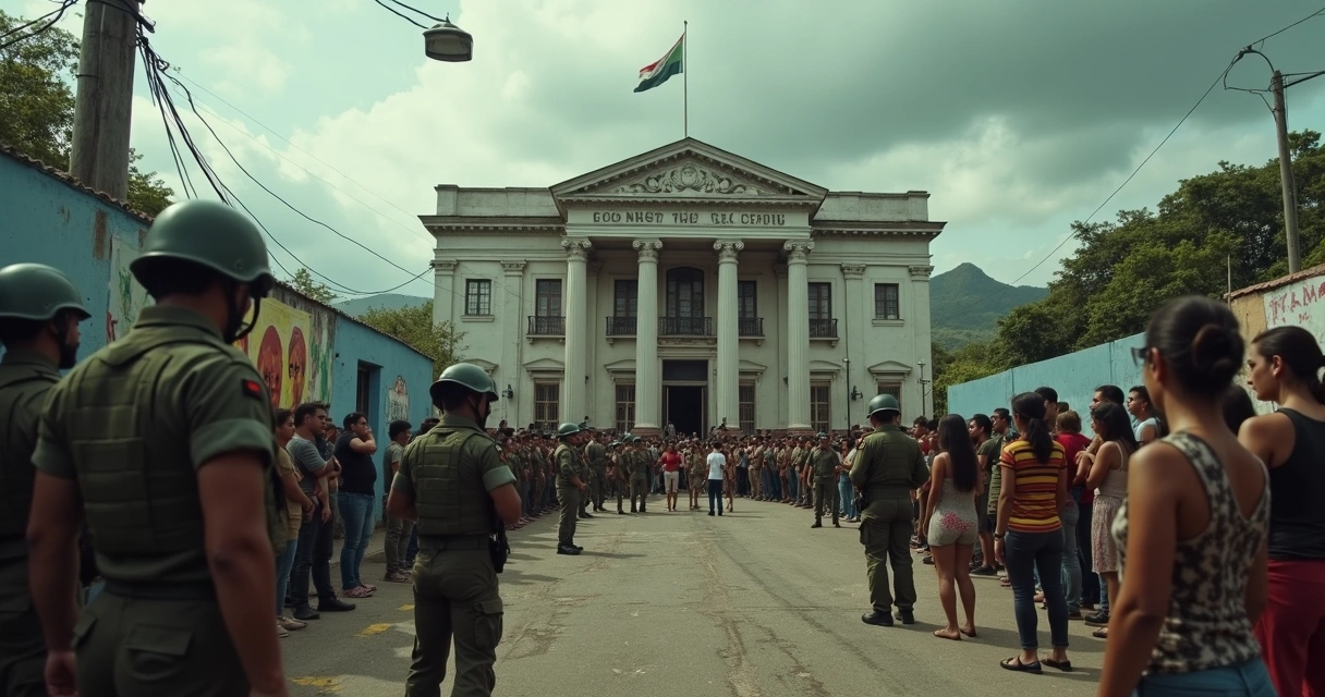 Cena histórica representando soldados e pessoas civis em tensão na América Central 
