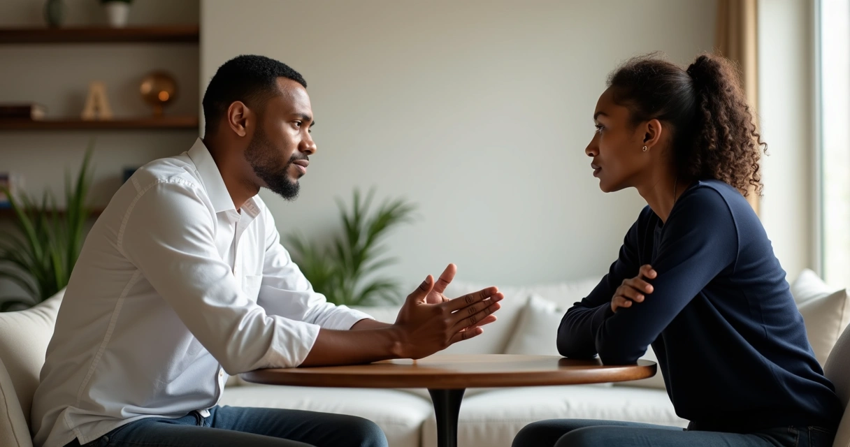 Duas pessoas em diálogo tenso mantendo postura calma e autêntica 