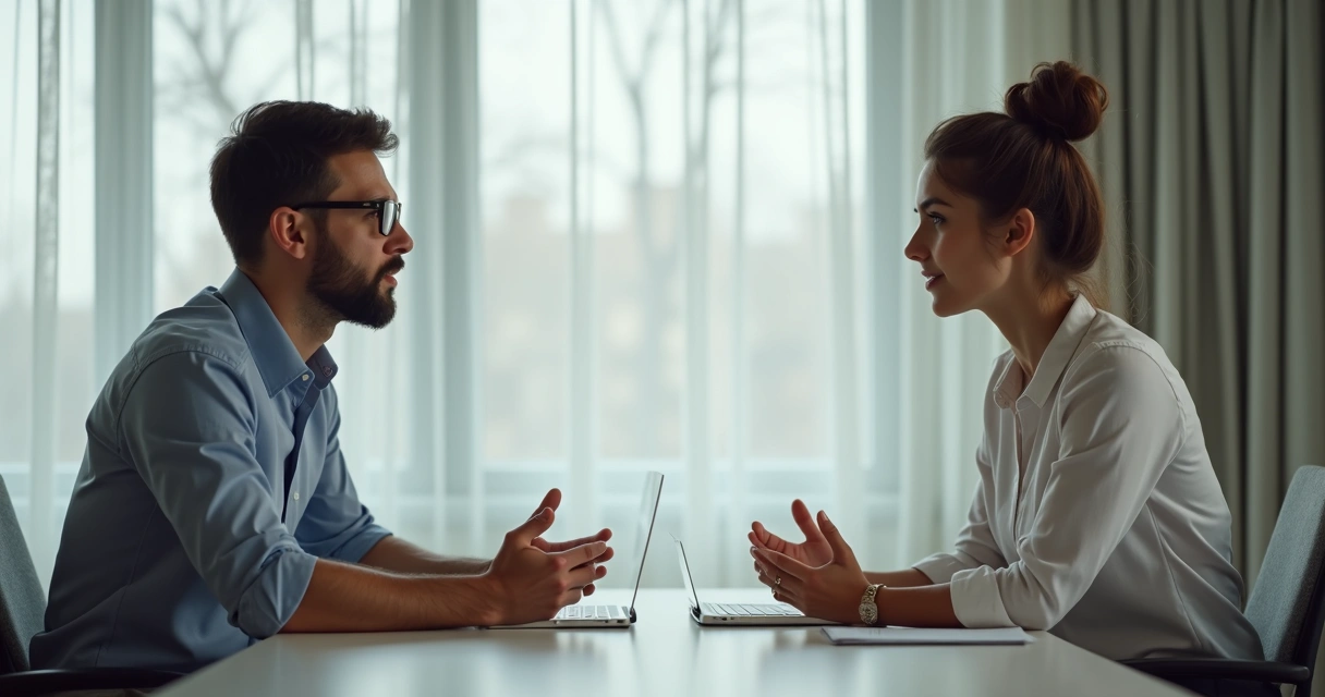 Dois colegas de trabalho conversam de forma construtiva após um desentendimento 
