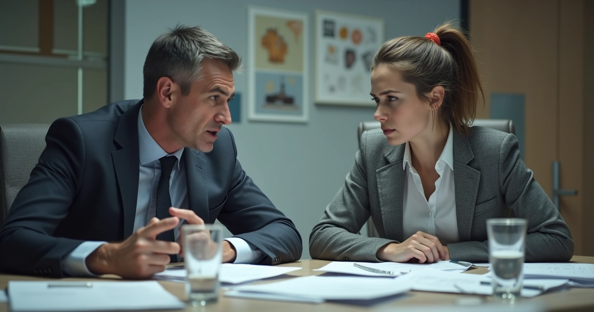 Dois colegas de trabalho discutindo em uma sala de reunião, com expressão tensa 