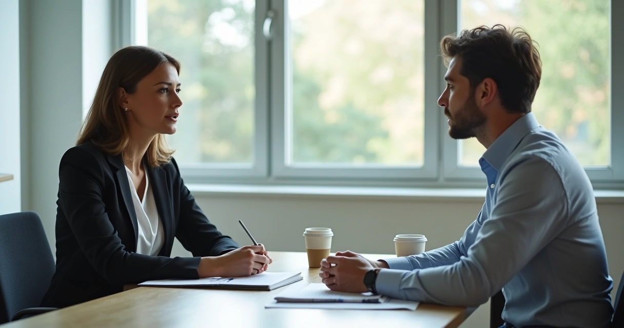 Duas pessoas conversando calmamente na mesa de trabalho, uma escutando atentamente a outra. 