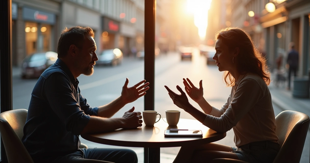 Duas pessoas em conflito conversando com calma em um ambiente urbano tranquilo 