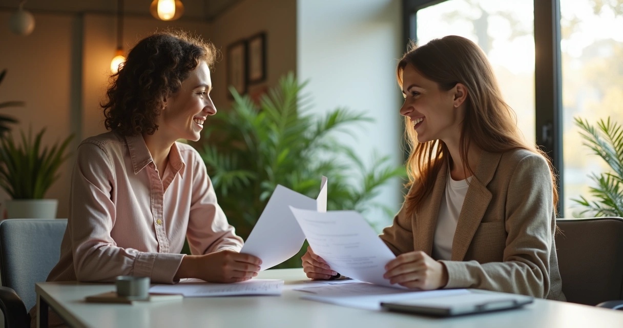 Duas pessoas em mesa de escritório, conversando tranquilamente 