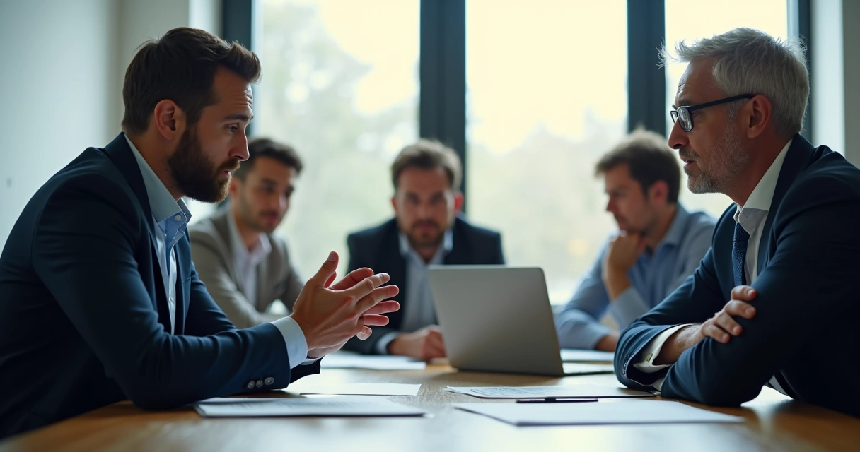 Dois colegas de trabalho discutindo em uma sala de reunião 