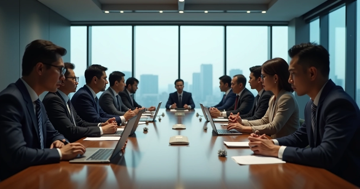 Reunião empresarial tensa entre grupos de diferentes culturas em sala de conferência