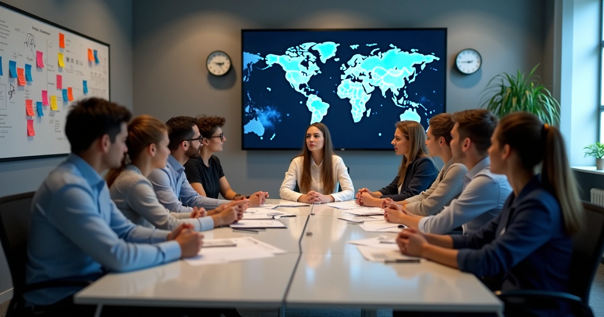 Equipe multinacional discutindo em sala de reunião