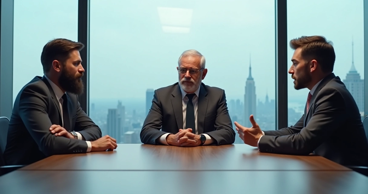 Três pessoas de diferentes origens culturais, discutindo ao redor de uma mesa de reunião, transmitindo tensão e desacordo. 