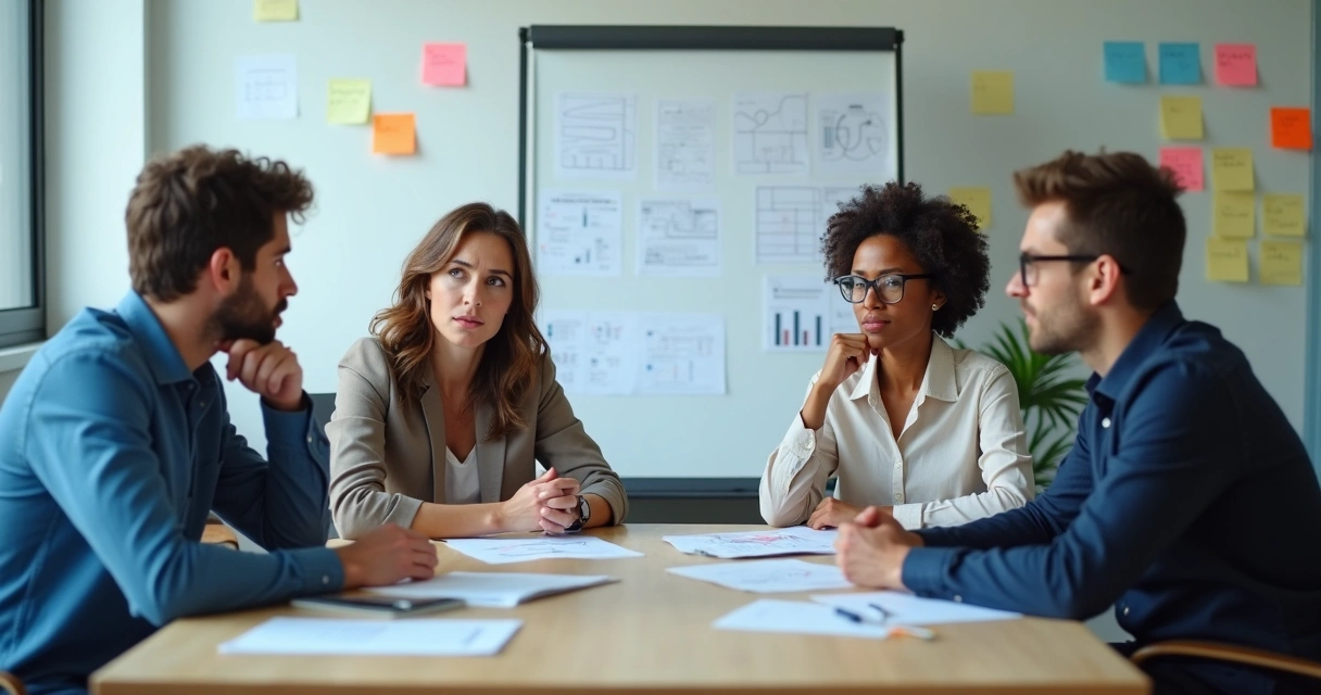 Grupo de colegas de trabalho com expressões variadas em reunião.