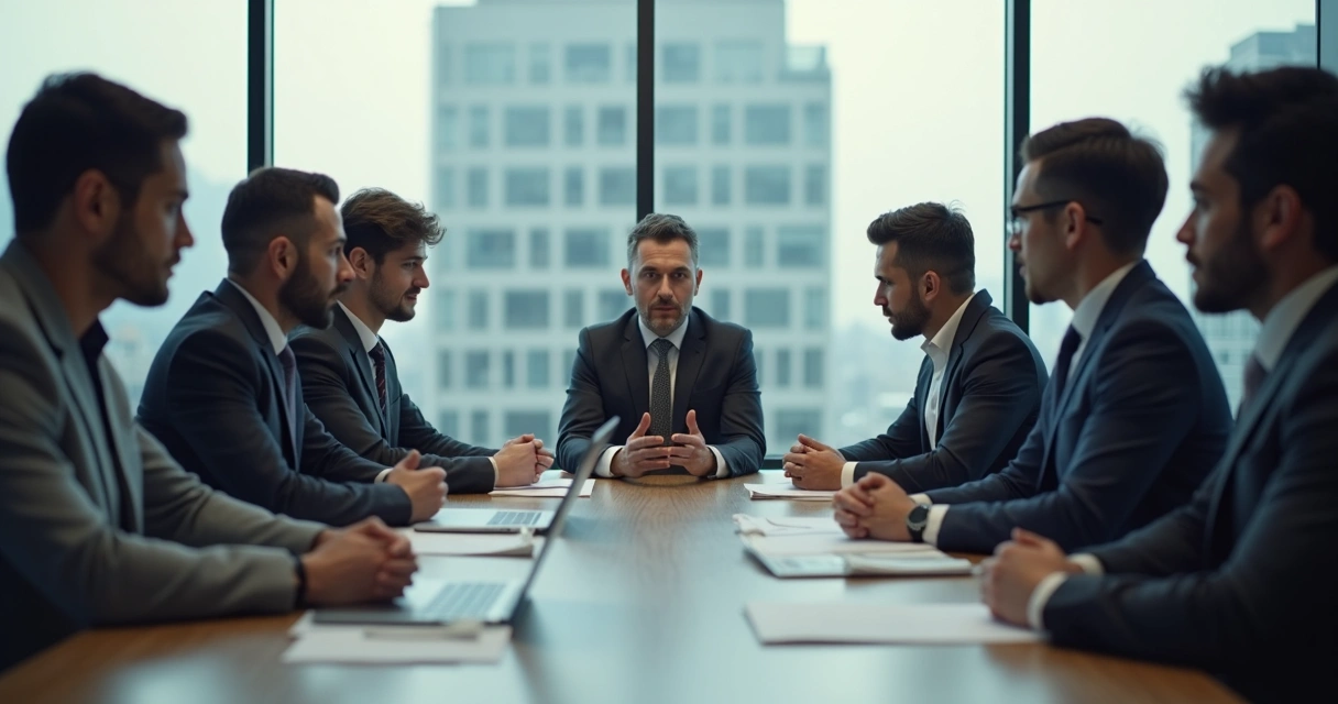 Grupo de pessoas em reunião com expressões tensas e postura defensiva