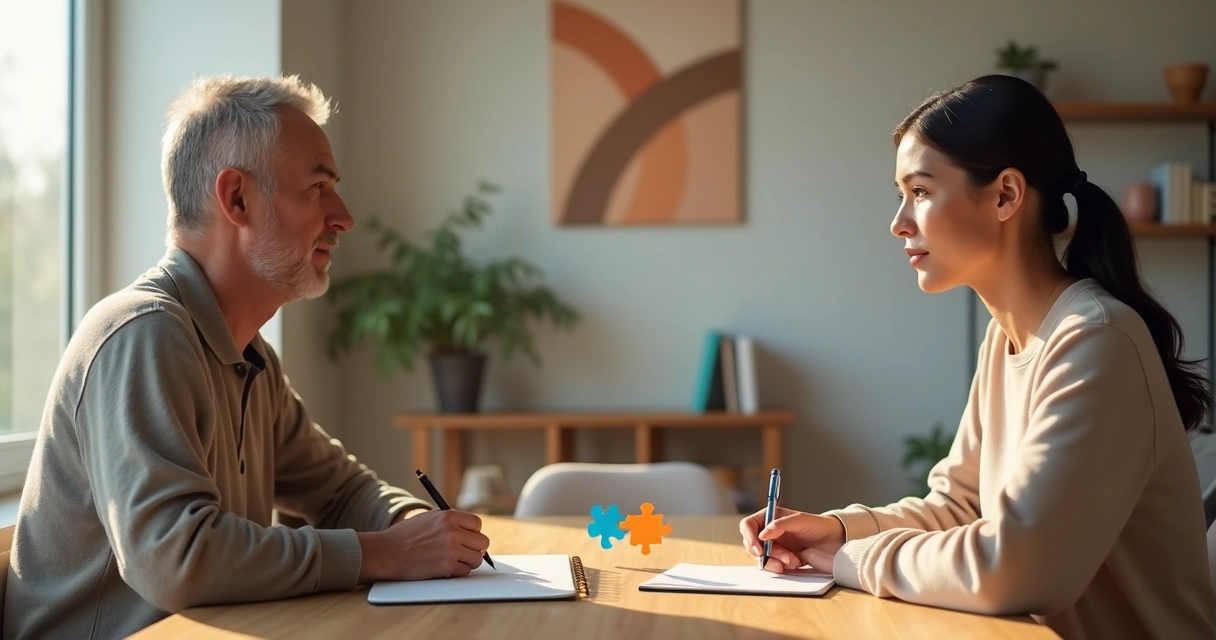 Duas pessoas em diálogo calmo transformando um conflito em aprendizado 