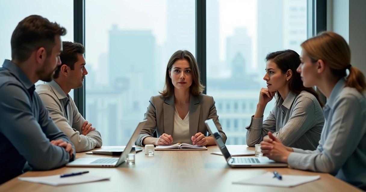 Equipe em reunião com tensão silenciosa e líder tentando facilitar o diálogo 