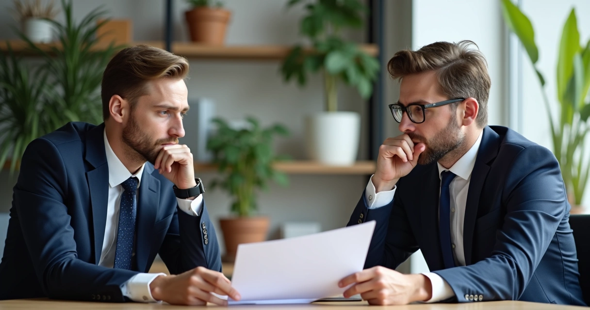 Duas pessoas em discussão construtiva com expressões focadas