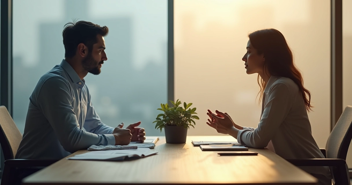 Duas pessoas em diálogo construtivo separadas por linha de contraste entre conflito e harmonia 