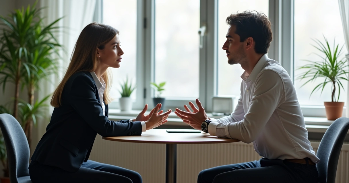 Duas pessoas em um ambiente moderno conversando calmamente, foco em gestos de escuta ativa e disposição amigável