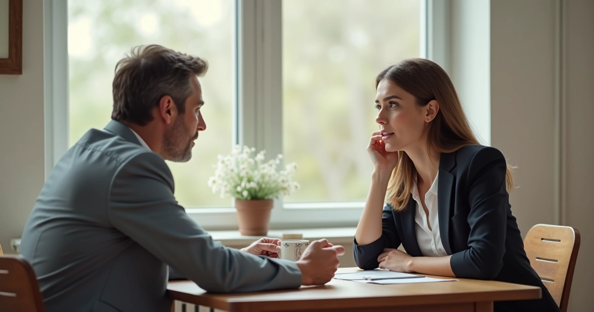Duas pessoas sentadas à mesa, conversando com expressão atenta e sem agressividade 