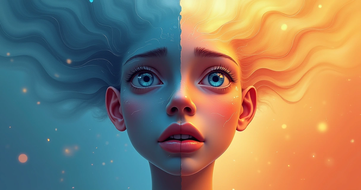 Desenho realista de um rosto humano dividido ao meio, com expressões de emoção e serenidade, linhas suaves indicando fluxo de pensamentos opostos. 