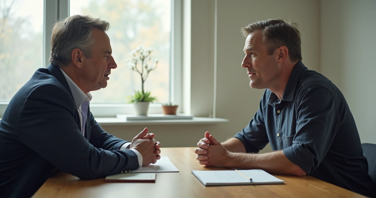 Duas pessoas em lados opostos de uma mesa buscando acordo em conversa séria