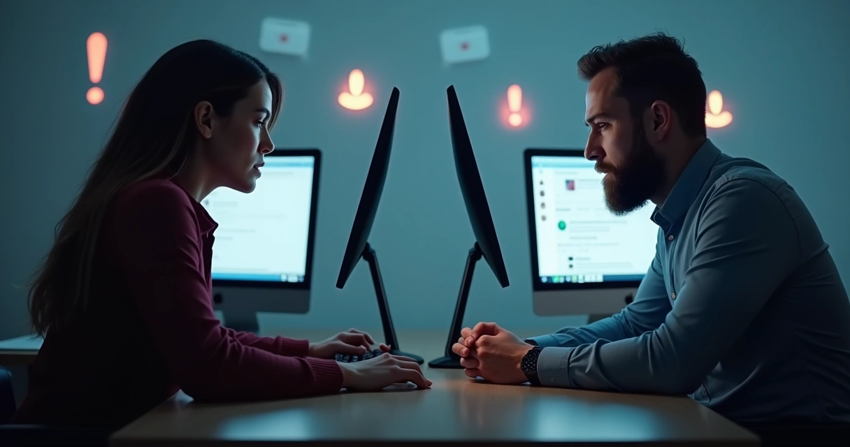 Duas pessoas debatendo intensamente em computadores 