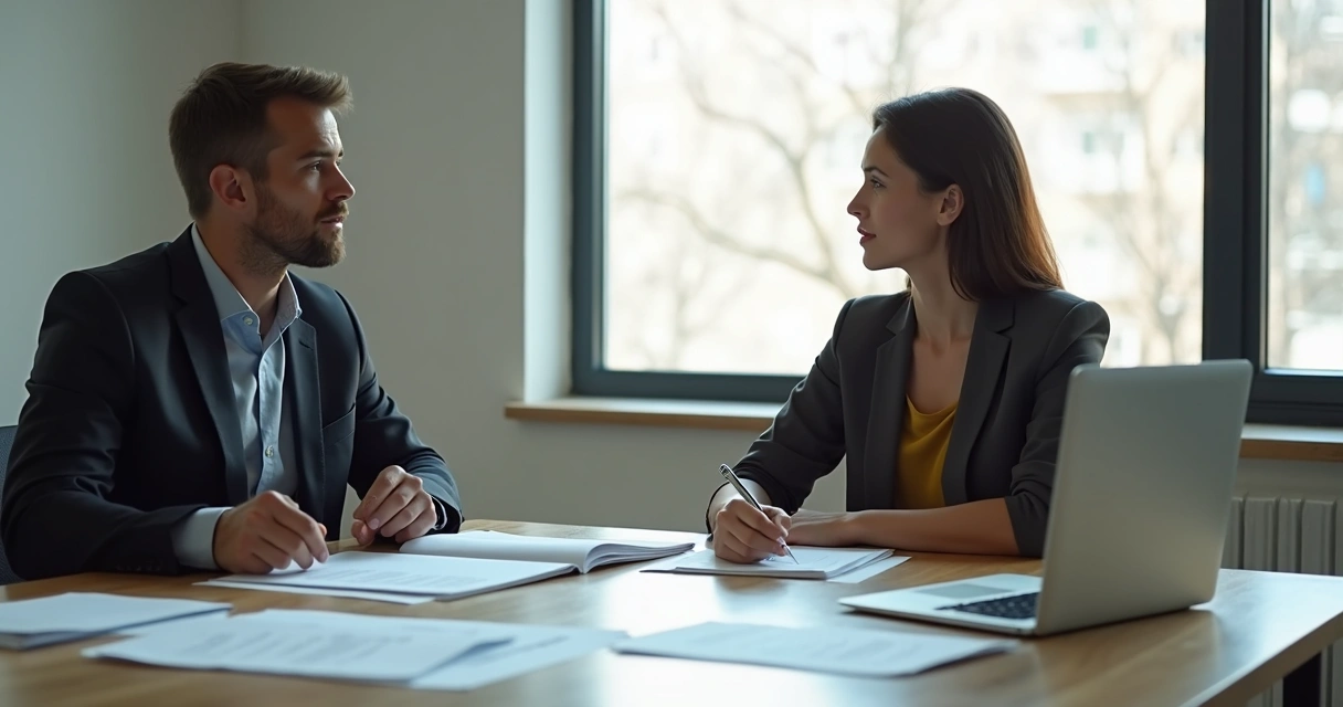 Duas pessoas de um time conversando sentadas em uma mesa de reunião, ambas focadas, papéis e computador ao redor 
