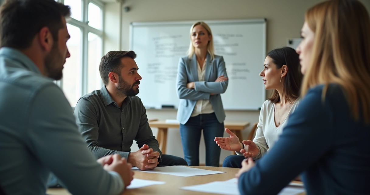 Pessoas em situação de conflito em uma sala, sendo mediadas por uma terceira pessoa 