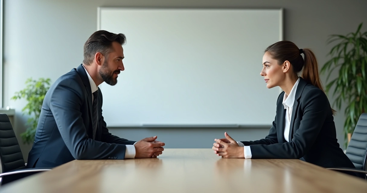 Dois colegas conversando em uma sala de reunião após um conflito, expressão de respeito mútuo 