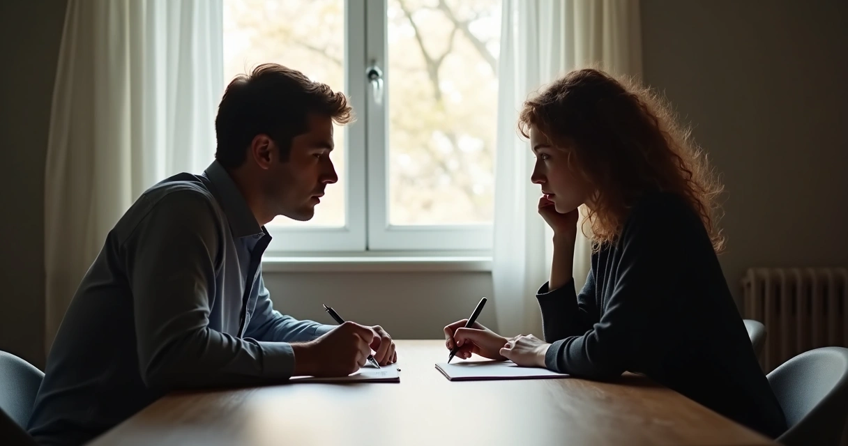 Duas pessoas sentadas frente a frente, em uma mesa, com expressão de reflexão, papel e caneta à mão e clima de conversa silenciosa.