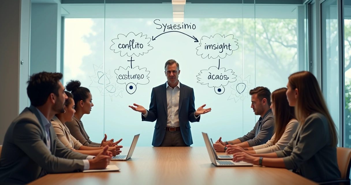 Equipes em conflito mediadas por facilitador transformando tensão em colaboração 