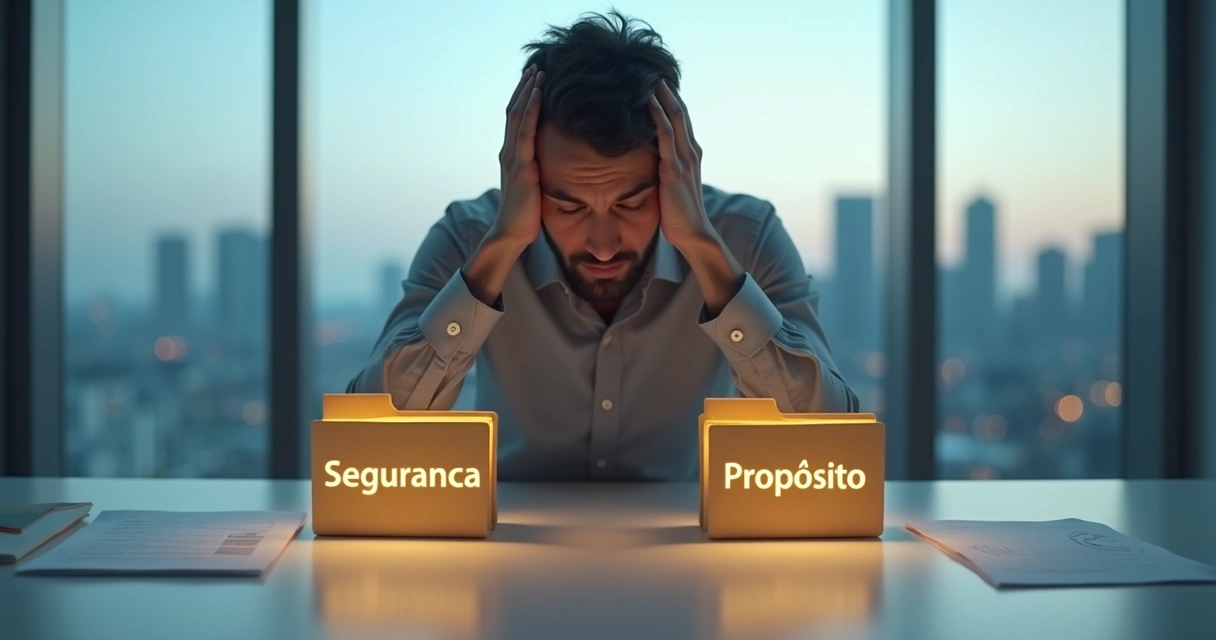 Profissional sentado em mesa de escritório dividido entre dois caminhos na carreira 