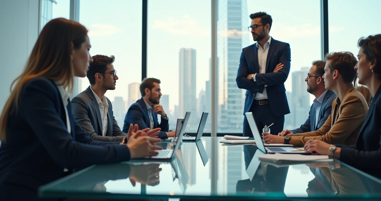 Duas pessoas discutindo em sala de reunião moderna