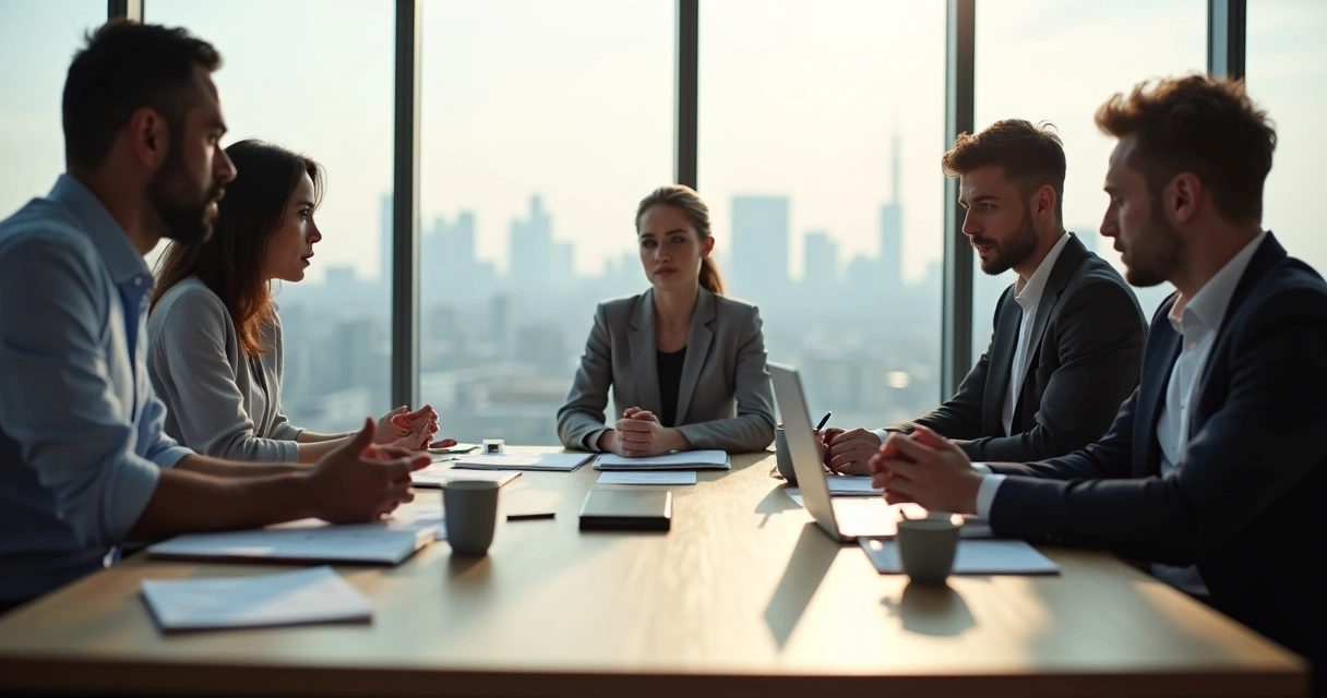 Equipe de trabalho em reunião com clima de tensão e afastamento emocional 