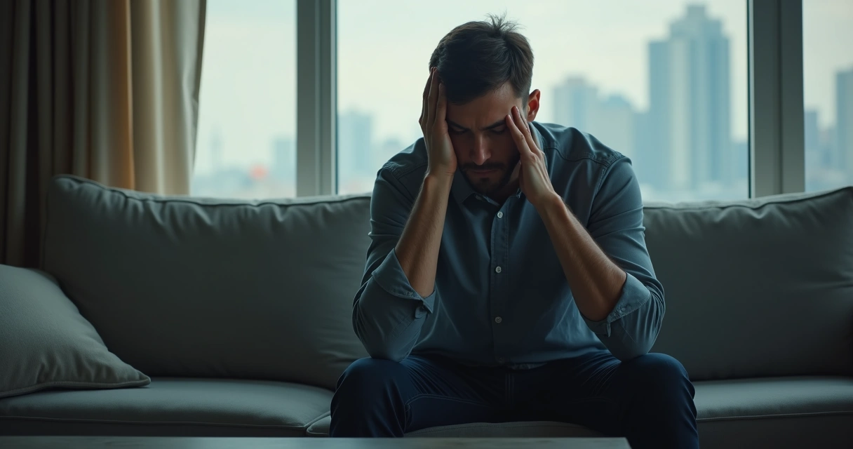 Homem sentado sozinho segurando a cabeça, expressão de angústia, luz suave ao fundo 