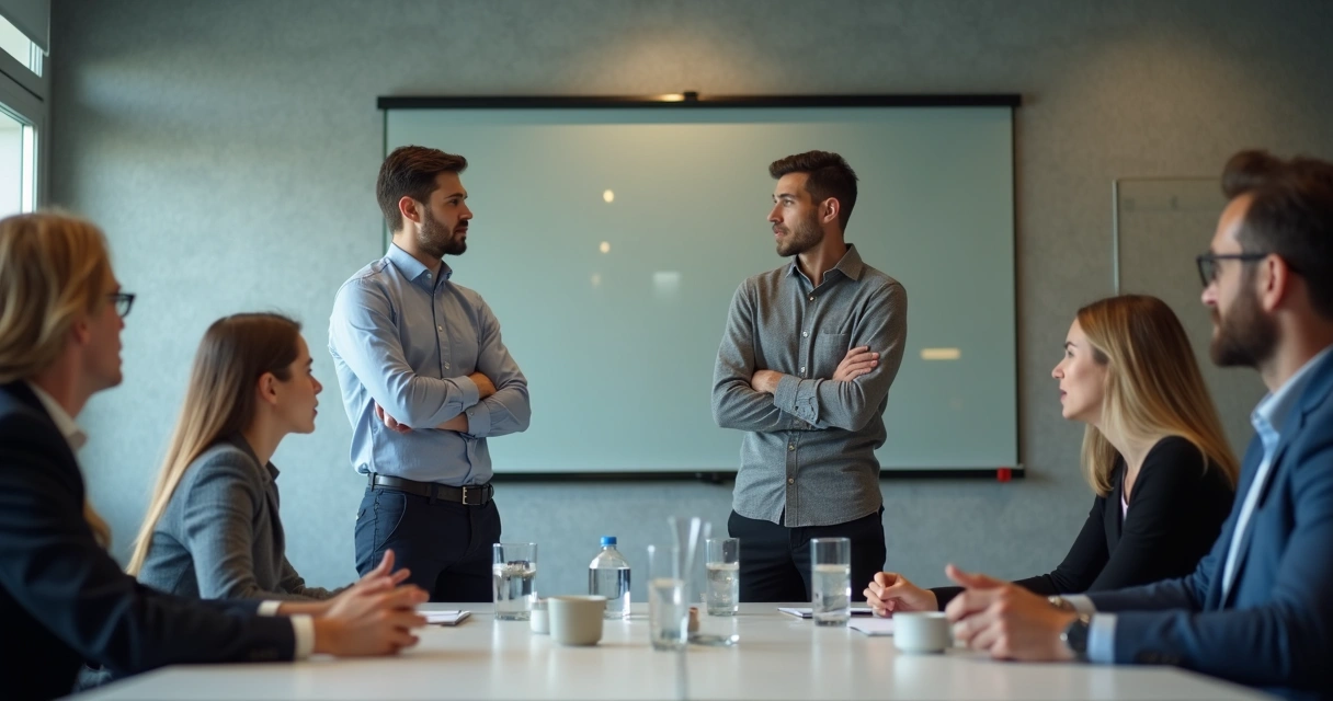 Duas pessoas de um grupo de trabalho olhando uma para a outra em silêncio, enquanto outras observam 