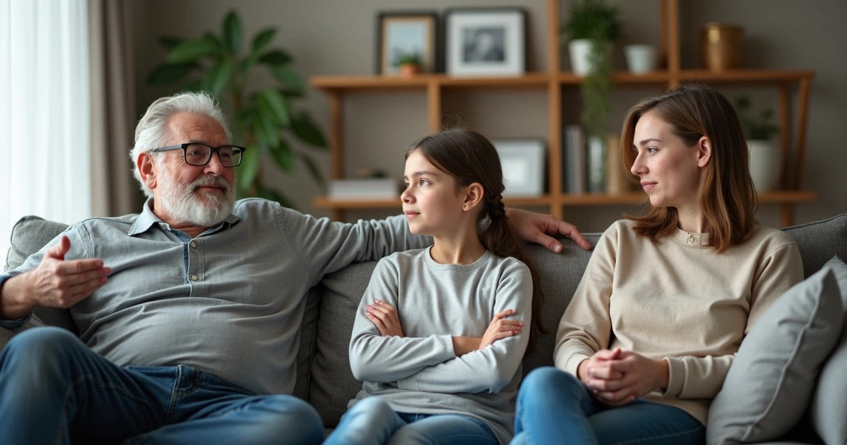 Três gerações em conflito sentadas no sofá em uma sala de estar 