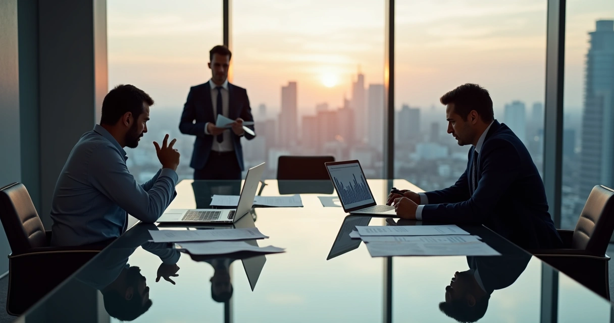 Sócios em reunião tensa na sala de reunião de empresa 
