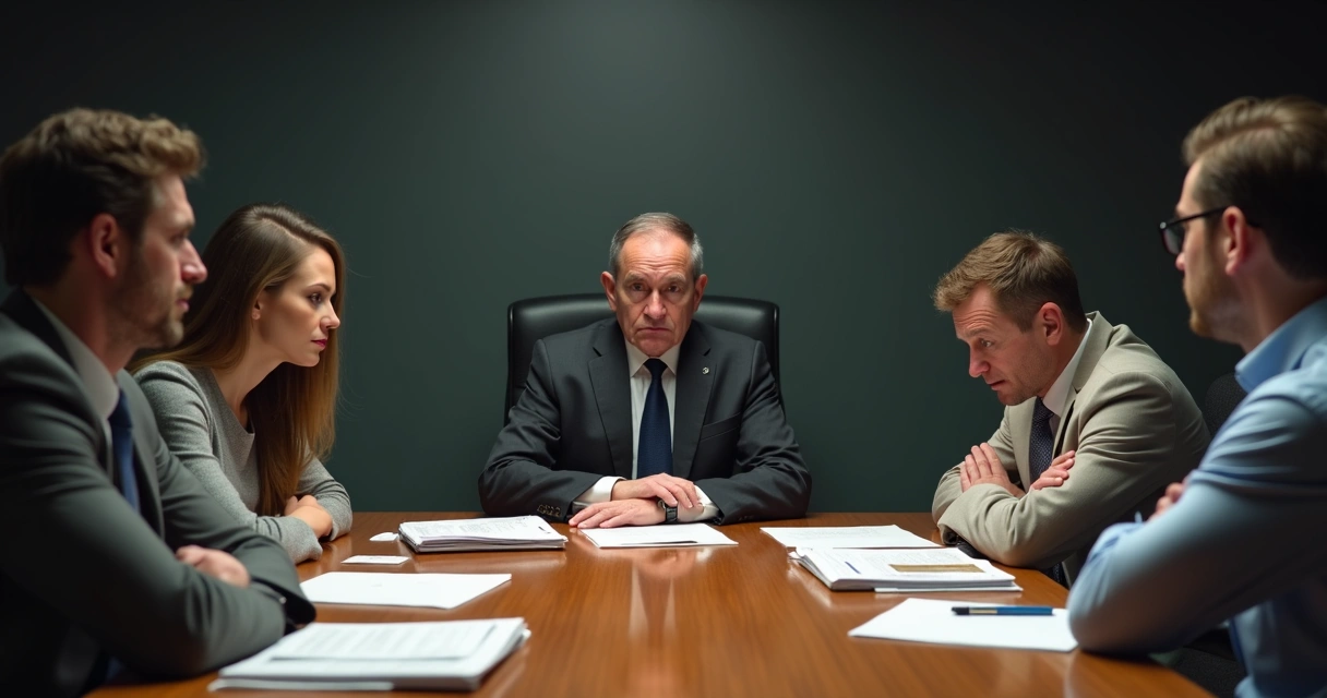 Equipe de trabalho em reunião, rostos sérios e tensão evidente entre colegas.