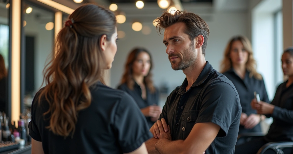 Dois profissionais de beleza discutindo em salão de beleza moderno 