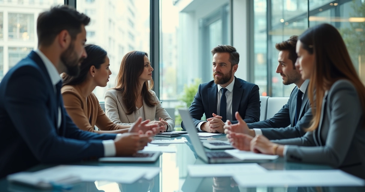 Equipe corporativa em discussão ao redor de uma mesa, expressando opiniões divergentes 