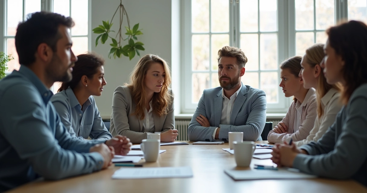 Equipe diversa sentada ao redor de uma mesa, com expressões de tensão e desentendimento, com papéis e canecas de café espalhados na mesa