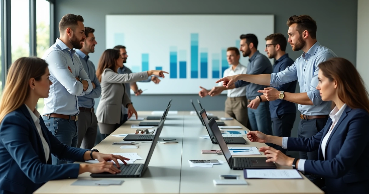 Equipe de trabalho dividida em dois grupos durante discussão 