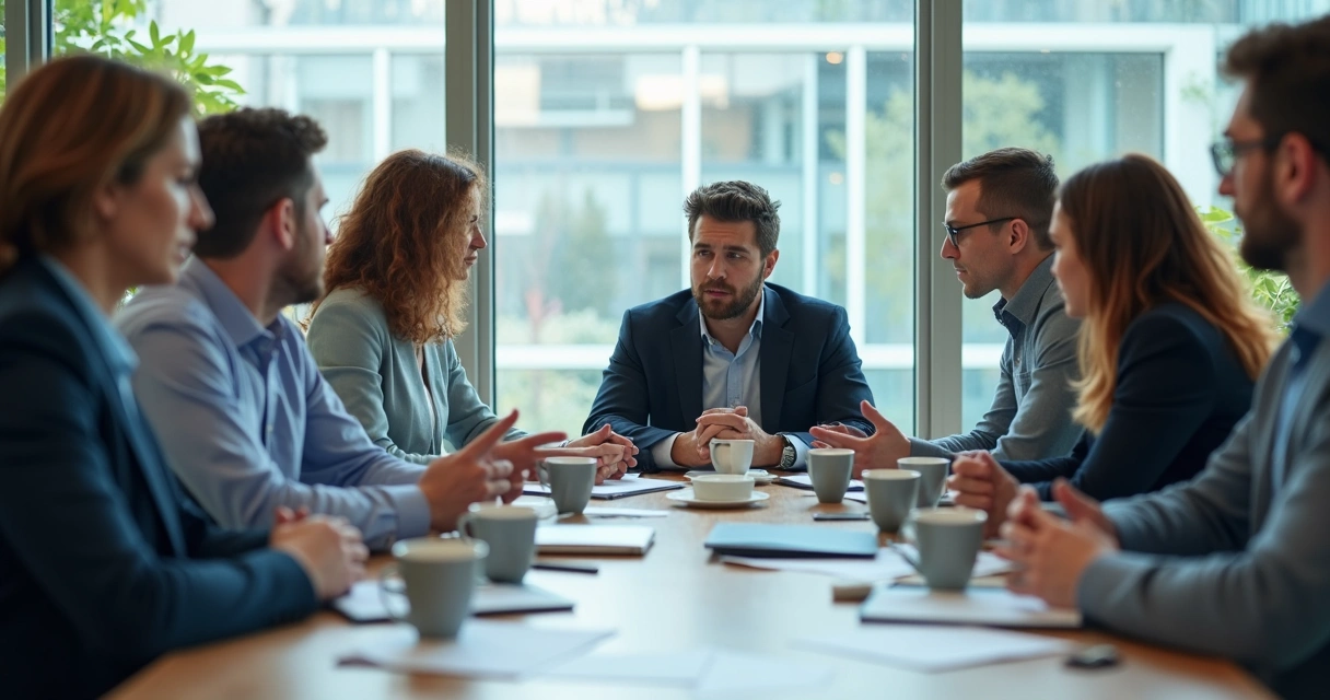 Equipe empresarial reunida ao redor de uma mesa discutindo, com algumas pessoas visivelmente tensas e outras buscando intermediar, em um escritório moderno