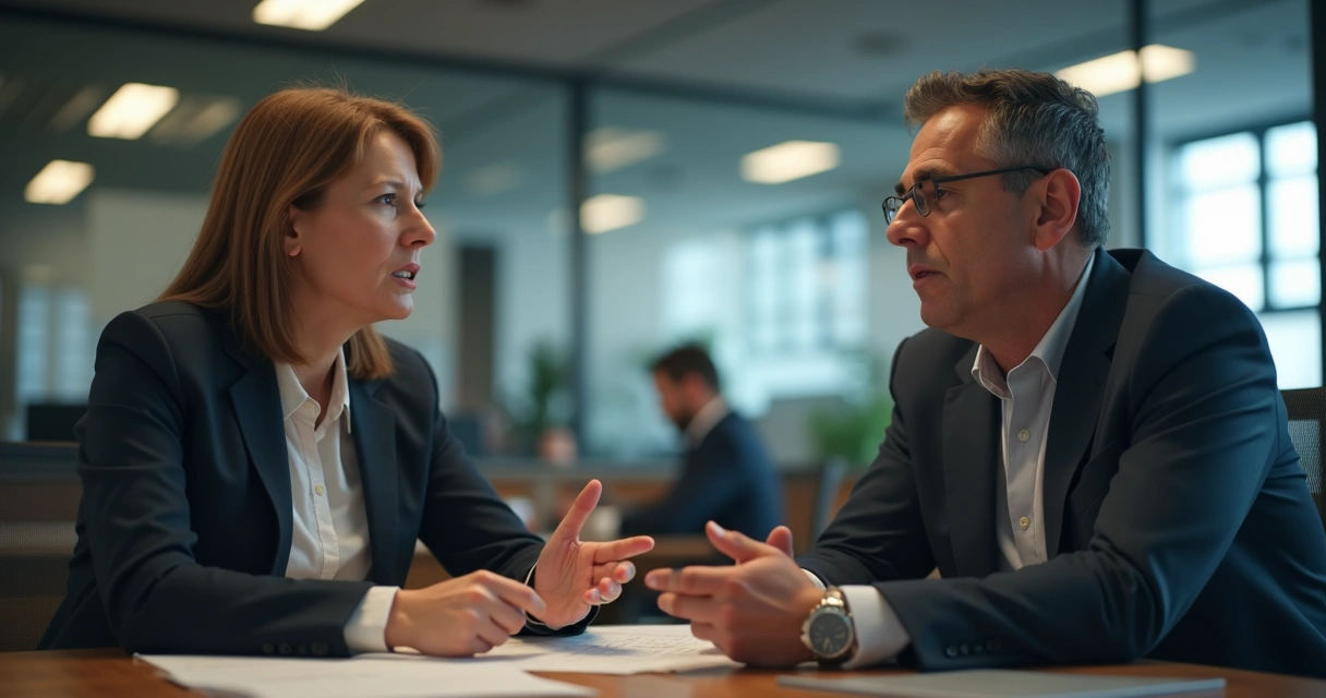Duas pessoas conversando em ambiente de conflito no escritório, uma ouvindo com atenção ativa. 