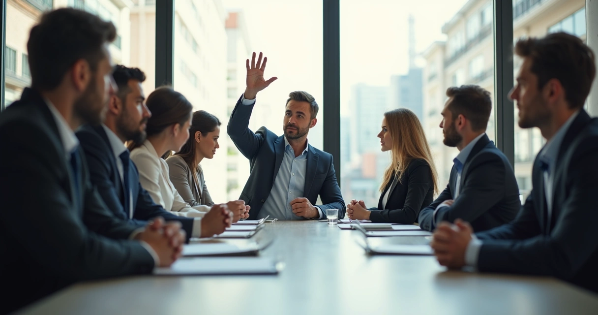 Equipe em reunião com expressões de tensão e um líder tentando acalmar os ânimos 