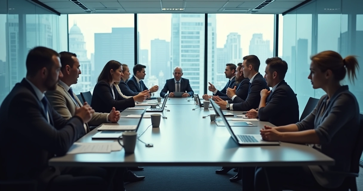 Dois grupos de pessoas em lados opostos de uma mesa de reunião