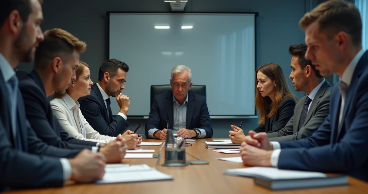 Equipe em reunião com clima tenso, pessoas visivelmente desconfortáveis