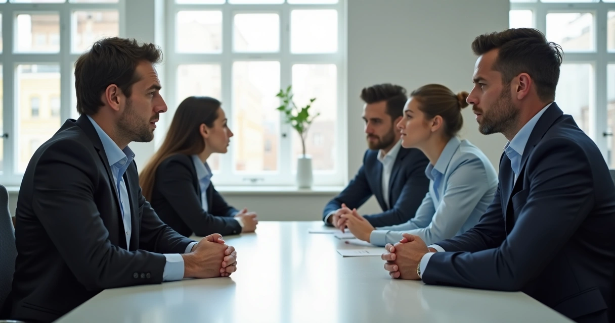Equipe reunida em sala de reunião com expressões de tensão e desacordo 