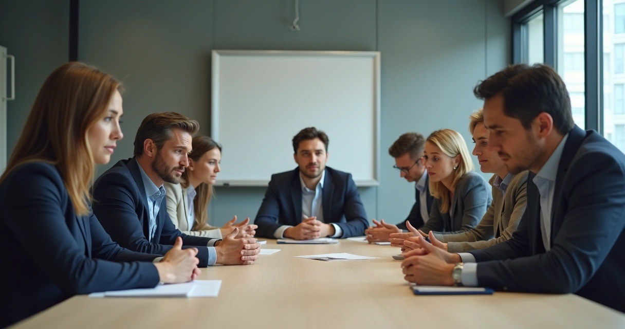 Pessoas sentadas ao redor de uma mesa de reunião, algumas trocando olhares desconfortáveis, clima tenso 