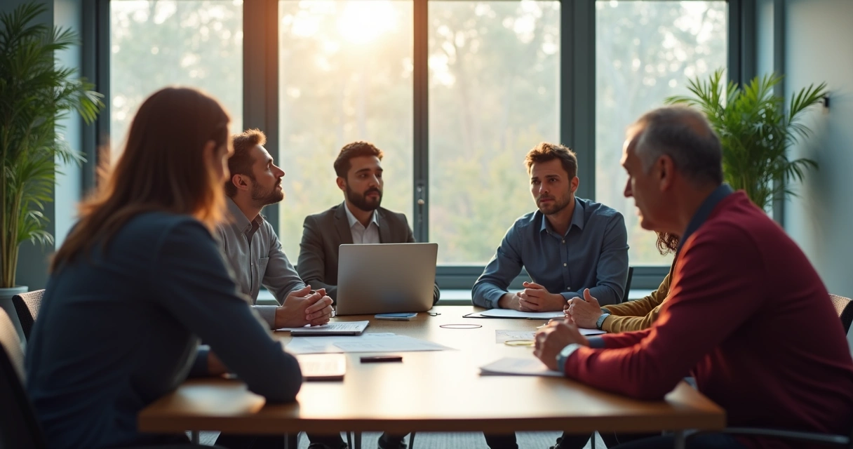 Equipe multidisciplinar em reunião com expressões sérias discutindo um dilema. 